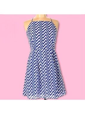 Y2K Blue White Chevron Print High Neck Mini Dress